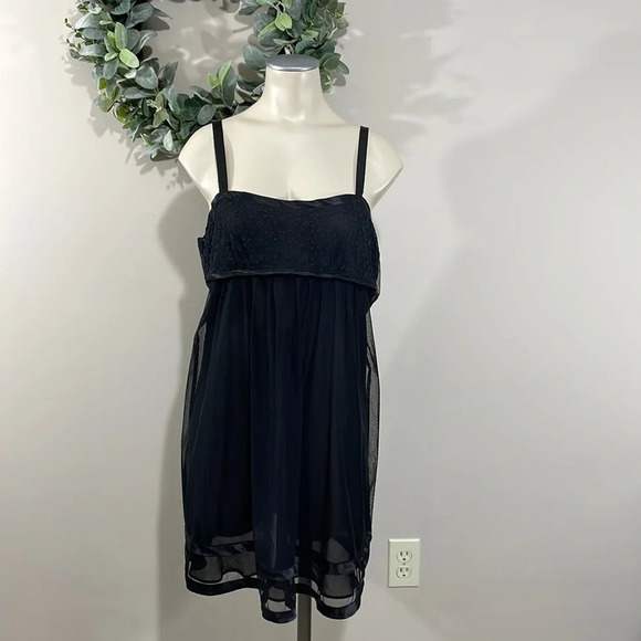 Oscar De La Renta Pink Label Black Sheer Beaded Eyelet Lace Babydoll Nightgown L